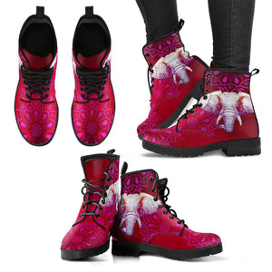 Red Pink Elephant Mandala Women's Vegan Leather Boots, Handcrafted Fashion