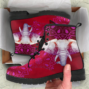 Red Pink Elephant Mandala Women's Vegan Leather Boots, Handcrafted Fashion