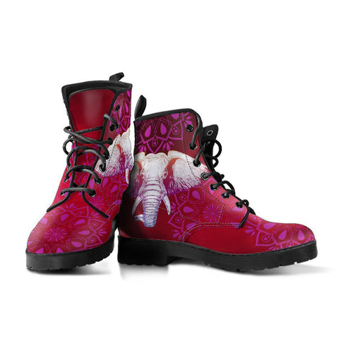 Image of Red Pink Elephant Mandala Women's Vegan Leather Boots, Handcrafted Fashion