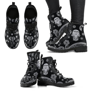 Women's Black White Tribal Elephant Maori Vegan Leather Boots , Handcrafted ,