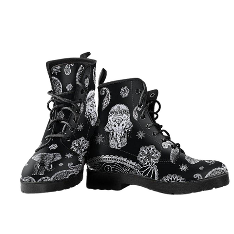 Image of Women's Black White Tribal Elephant Maori Vegan Leather Boots , Handcrafted ,