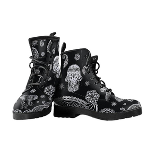 Women's Black White Tribal Elephant Maori Vegan Leather Boots , Handcrafted ,
