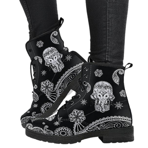 Image of Women's Black White Tribal Elephant Maori Vegan Leather Boots , Handcrafted ,
