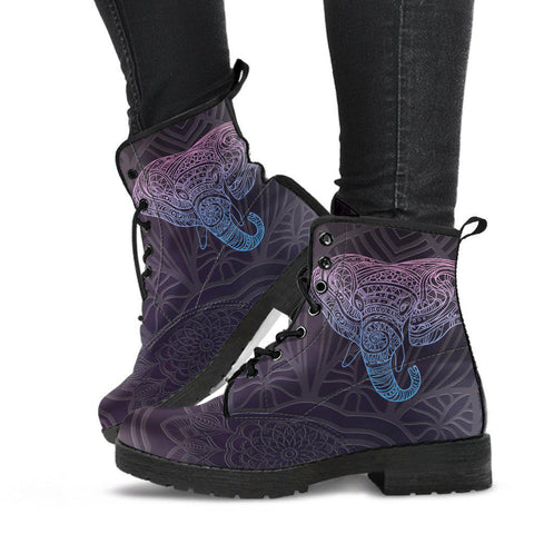 Image of Purple Elephant Mandala Women's Vegan Leather Boots, Glowing Fashion Shoes,
