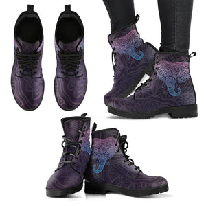 Purple Elephant Mandala Women's Vegan Leather Boots, Glowing Fashion Shoes,