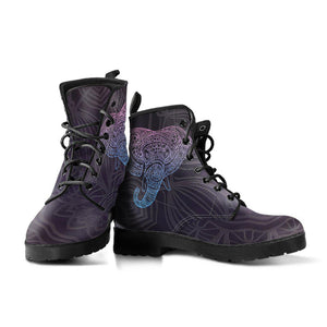 Purple Elephant Mandala Women's Vegan Leather Boots, Glowing Fashion Shoes,