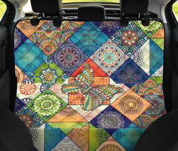 Butterfly Mandala Pattern Car Back Seat Covers, Ethnic Floral Pet Protectors,