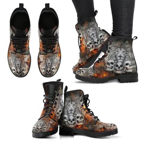 Image of Skulls Fierce Lion Women's Leather Boots , Vegan, Ankle, Lace,Up, Handcrafted,