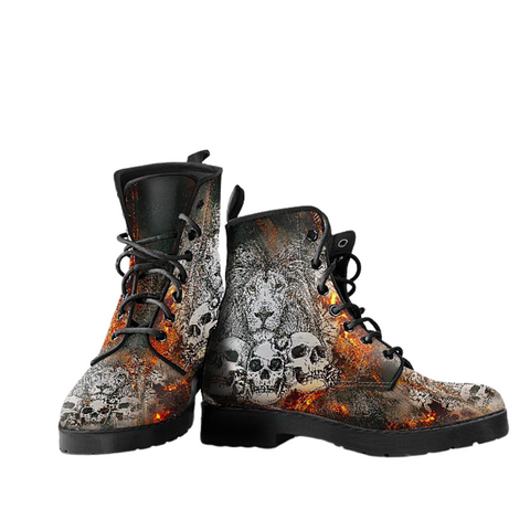 Image of Skulls Fierce Lion Women's Leather Boots , Vegan, Ankle, Lace,Up, Handcrafted,