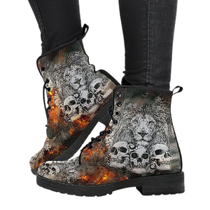 Skulls Fierce Lion Women's Leather Boots , Vegan, Ankle, Lace,Up, Handcrafted,