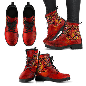 Red Tiger Print Mandala Women's Vegan Leather Boots, Handcrafted Fashion