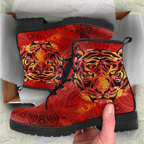 Image of Red Tiger Print Mandala Women's Vegan Leather Boots, Handcrafted Fashion