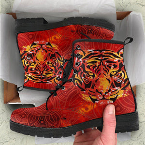 Red Tiger Print Mandala Women's Vegan Leather Boots, Handcrafted Fashion