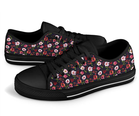 Image of Women's Low Top Canvas Shoes, Red Floral Print Design, Beige Dragonfly Mandala,