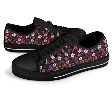 Women's Low Top Canvas Shoes, Red Floral Print Design, Beige Dragonfly Mandala,