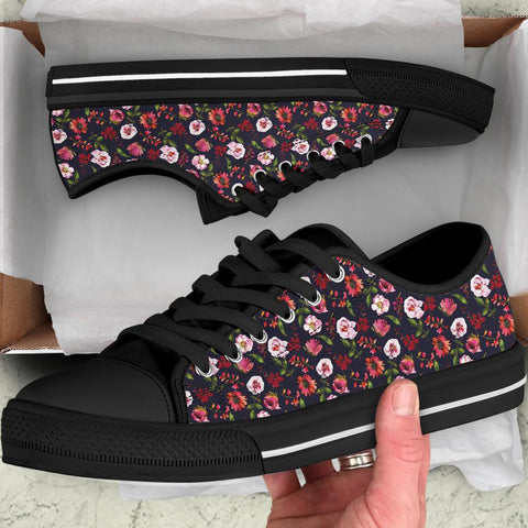 Image of Women's Low Top Canvas Shoes, Red Floral Print Design, Beige Dragonfly Mandala,
