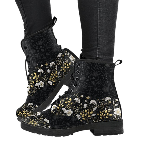 Image of Abstract Flowers Women's Vegan Leather Boots, Premium Handcrafted Footwear, Black Retro Winter and Rain Shoes