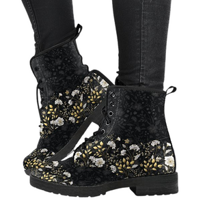 Abstract Flowers Women's Vegan Leather Boots, Premium Handcrafted Footwear, Black Retro Winter and Rain Shoes
