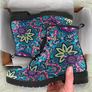Floral Mandala Women's Vegan Leather Boots, Handcrafted Fashion Footwear,