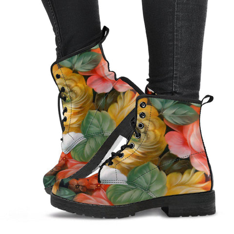 Image of Colorful Floral Plant Women's Vegan Leather Boots, Fashion Footwear,