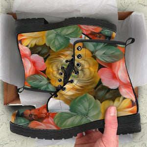Colorful Floral Plant Women's Vegan Leather Boots, Fashion Footwear,