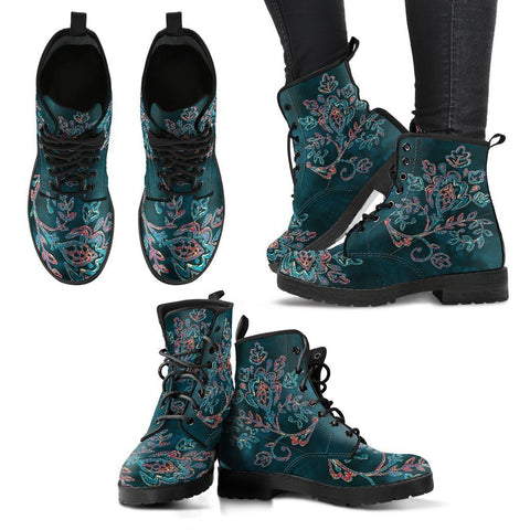 Image of Floral Paisley Lolita Combat Women's Leather Boots, Vegan, Multi,Coloured,