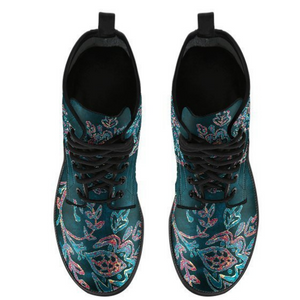 Floral Paisley Lolita Combat Women's Leather Boots, Vegan, Multi,Coloured,