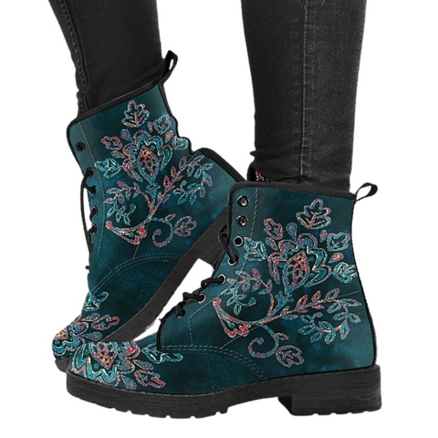 Image of Floral Paisley Lolita Combat Women's Leather Boots, Vegan, Multi,Coloured,