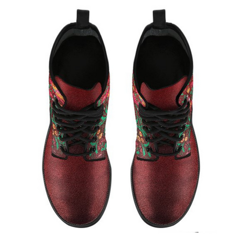 Image of Abstract Flowers Women's Leather Boots, Vegan, Multi,Coloured, Combat Style,