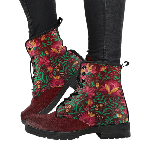 Image of Abstract Flowers Women's Leather Boots, Vegan, Multi,Coloured, Combat Style,