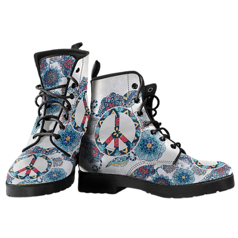 Image of Floral Peace White Bohemian Style Vegan Leather Boots for Women, Handcrafted Ankle Boots, Boho Chic Footwear