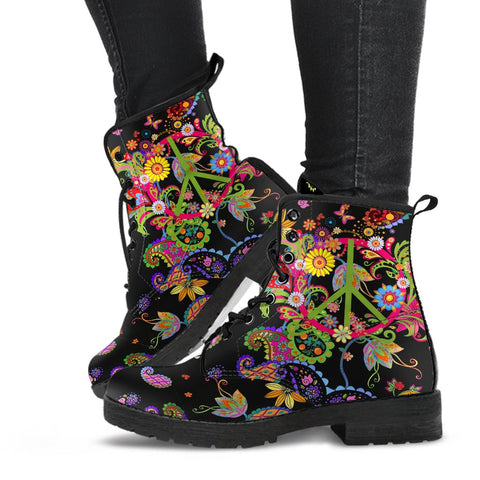 Image of Colorful Peace Signs Hippie Women's Vegan Leather Boots, Rain Shoes,