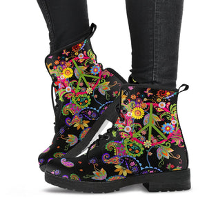 Colorful Peace Signs Hippie Women's Vegan Leather Boots, Rain Shoes,