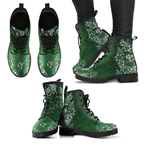 Image of Green Floral Women's Vegan Leather Boots, Premium Handcrafted Boots, Retro