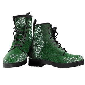 Green Floral Women's Vegan Leather Boots, Premium Handcrafted Boots, Retro