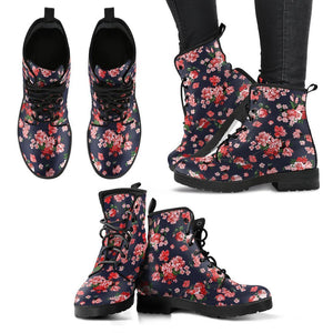 Colorful Floral Women's Vegan Leather Ankle Boots, Fashion Lace,Up Boots,