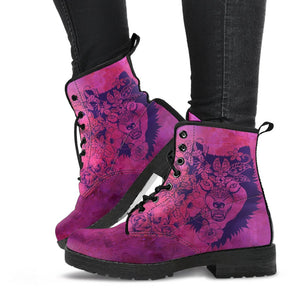 Wolf Floral Vegan Leather Women's Boots, Handcrafted Hippie Streetwear, Stylish