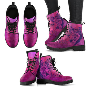 Wolf Floral Vegan Leather Women's Boots, Handcrafted Hippie Streetwear, Stylish