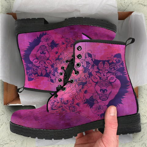 Image of Wolf Floral Vegan Leather Women's Boots, Handcrafted Hippie Streetwear, Stylish