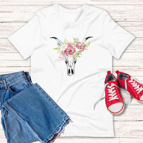 Image of Flower Animal Head Skull Unisex T,Shirt, Mens, Womens, Short Sleeve Shirt,
