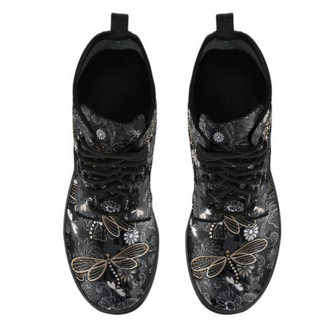 Image of Flower Dragonfly Black Women's Vegan Leather Boots, Multi,Coloured Combat Style,