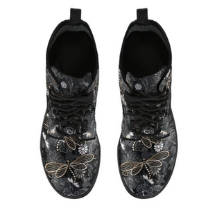 Flower Dragonfly Black Women's Vegan Leather Boots, Multi,Coloured Combat Style,