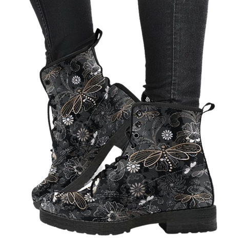 Image of Flower Dragonfly Black Women's Vegan Leather Boots, Multi,Coloured Combat Style,