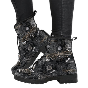 Flower Dragonfly Black Women's Vegan Leather Boots, Multi,Coloured Combat Style,