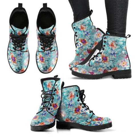 Image of Cool Flowers Design Women's Vegan Leather Boots, Multi,Coloured, Combat Style,
