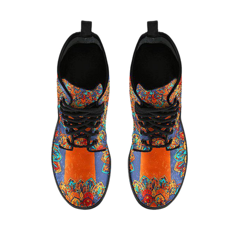 Image of Women's Vegan Leather Boots, Colorful Mandala Orange Abstract Art, Handmade Hippie Spiritual Rain Footwear, Unique Style