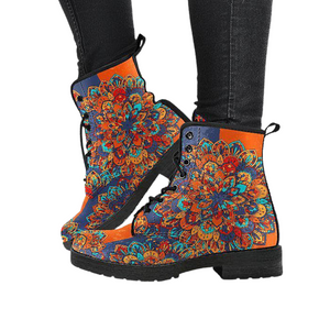 Women's Vegan Leather Boots, Colorful Mandala Orange Abstract Art, Handmade Hippie Spiritual Rain Footwear, Unique Style