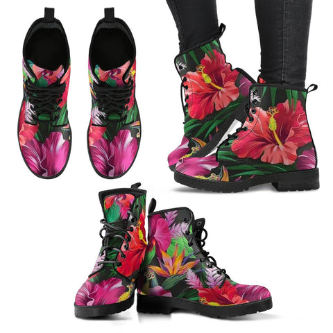 Image of Flower Hibiscus Women's Ankle Boots - Bohemian Style Vegan Leather Boots, Handcrafted, Boho Chic, Ladies Unique Footwear