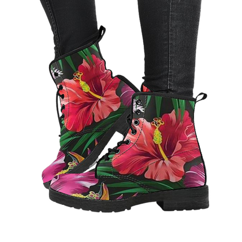 Image of Flower Hibiscus Women's Ankle Boots , Bohemian Style Vegan Leather Boots,