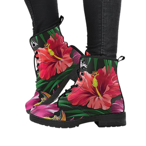 Flower Hibiscus Women's Ankle Boots , Bohemian Style Vegan Leather Boots,